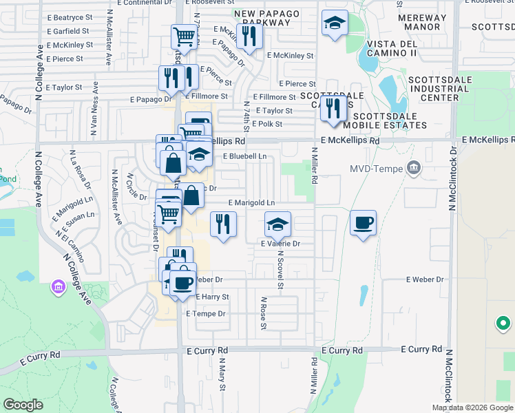 map of restaurants, bars, coffee shops, grocery stores, and more near 1645 North Camellia Street in Tempe