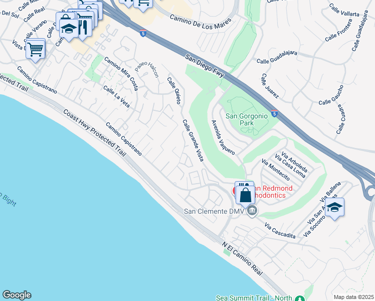 map of restaurants, bars, coffee shops, grocery stores, and more near 27512 Del Gado Road in San Clemente