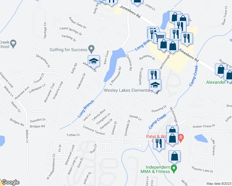 map of restaurants, bars, coffee shops, grocery stores, and more near 1141 East Shoreview Road in McDonough