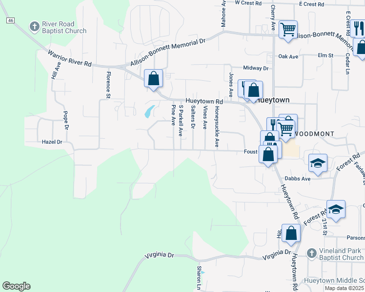 map of restaurants, bars, coffee shops, grocery stores, and more near 154 Foust Avenue in Hueytown