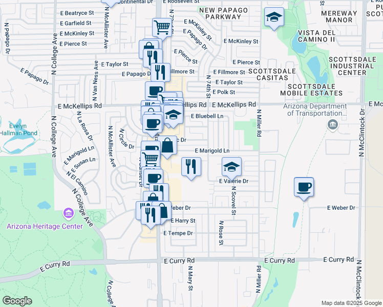 map of restaurants, bars, coffee shops, grocery stores, and more near 1001 East Lilac Drive in Tempe
