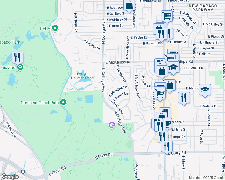 map of restaurants, bars, coffee shops, grocery stores, and more near 1653 North El Camino in Tempe