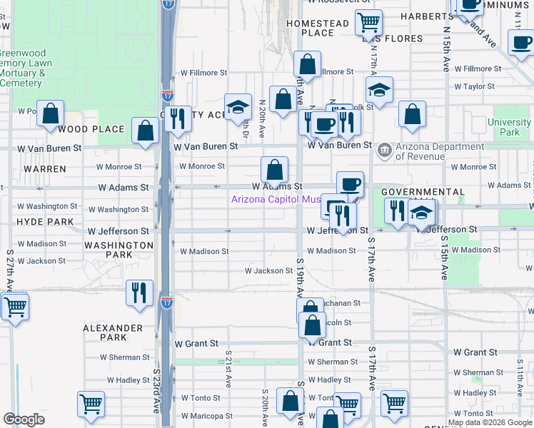 map of restaurants, bars, coffee shops, grocery stores, and more near 2006 West Washington Street in Phoenix