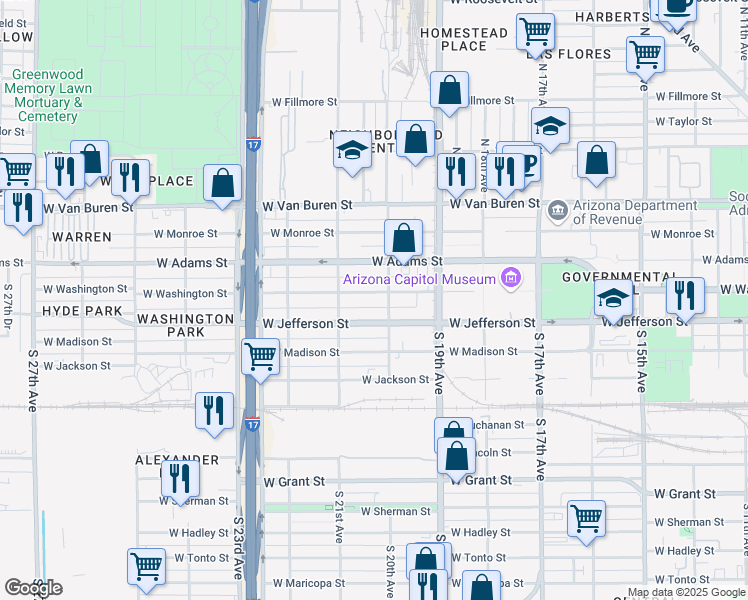 map of restaurants, bars, coffee shops, grocery stores, and more near 2006 West Washington Street in Phoenix