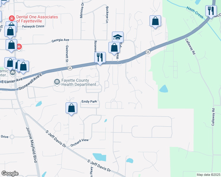 map of restaurants, bars, coffee shops, grocery stores, and more near 755 East Lanier Avenue in Fayetteville
