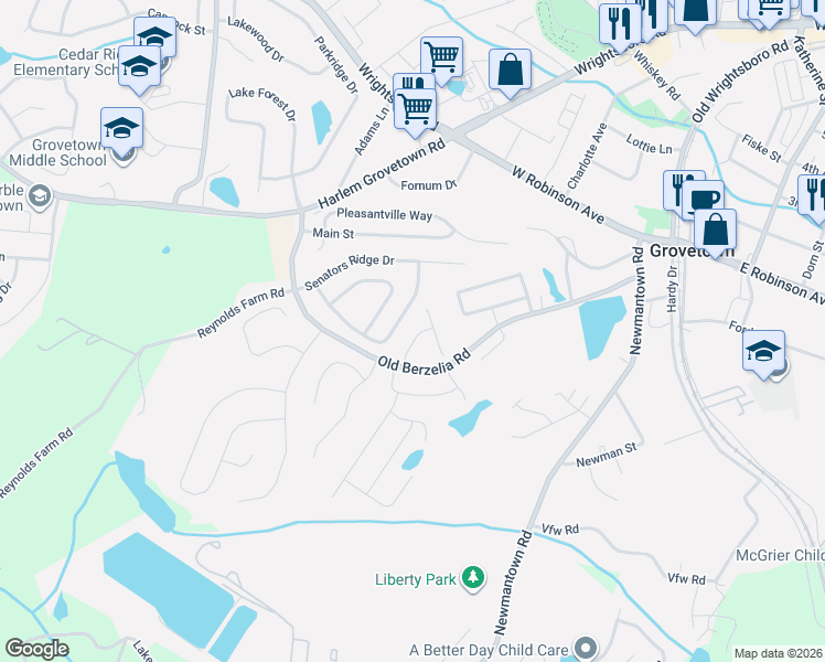 map of restaurants, bars, coffee shops, grocery stores, and more near 6112 Independence Way in Grovetown