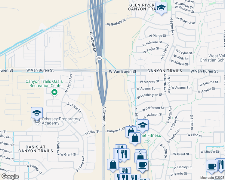 map of restaurants, bars, coffee shops, grocery stores, and more near 575 South Cotton Lane in Goodyear