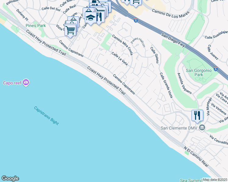 map of restaurants, bars, coffee shops, grocery stores, and more near 35515 Beach Road in Dana Point