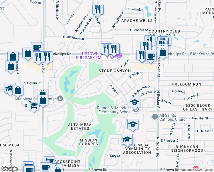 map of restaurants, bars, coffee shops, grocery stores, and more near 1827 North Abner Circle in Mesa