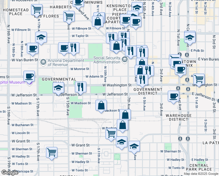 map of restaurants, bars, coffee shops, grocery stores, and more near 1001 West Washington Street in Phoenix