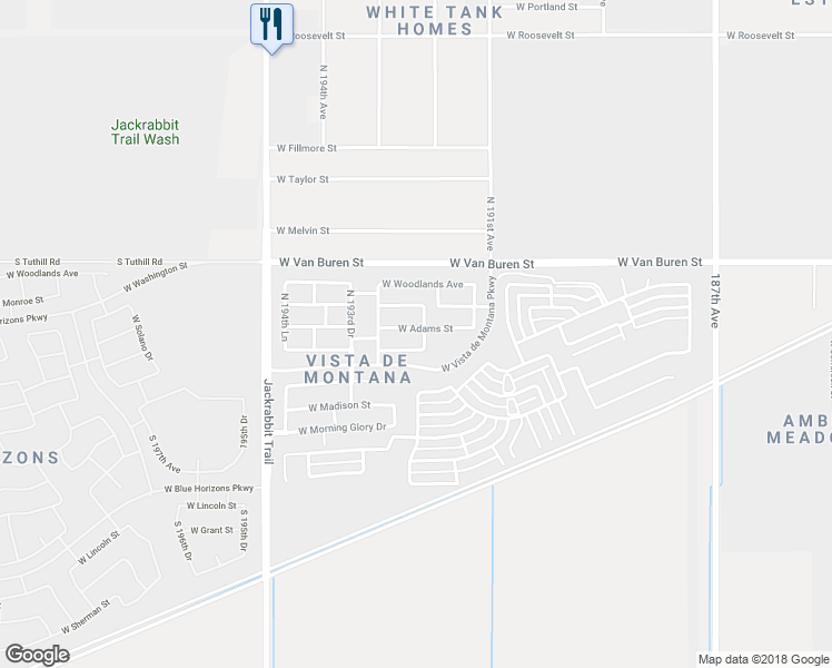 map of restaurants, bars, coffee shops, grocery stores, and more near 19235 West Adams Street in Buckeye