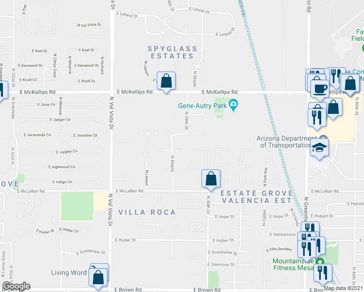 map of restaurants, bars, coffee shops, grocery stores, and more near 3851 East Juniper Street in Mesa