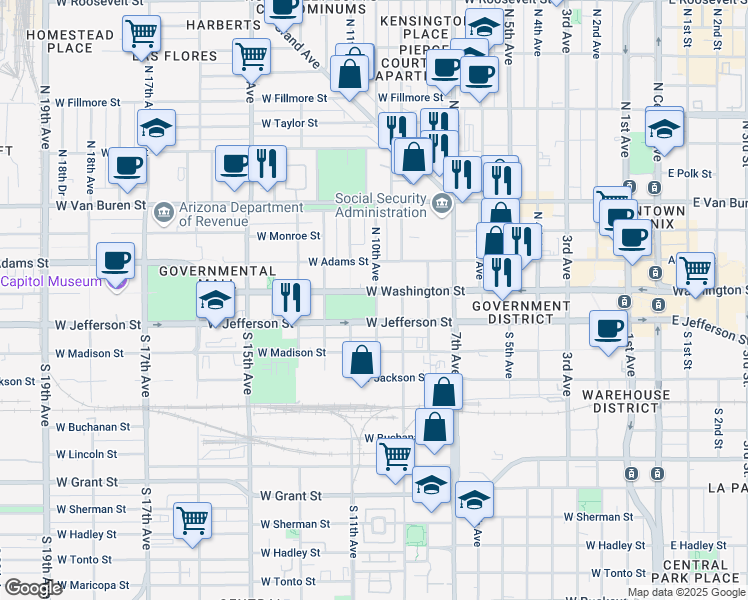 map of restaurants, bars, coffee shops, grocery stores, and more near 1001 West Washington Street in Phoenix