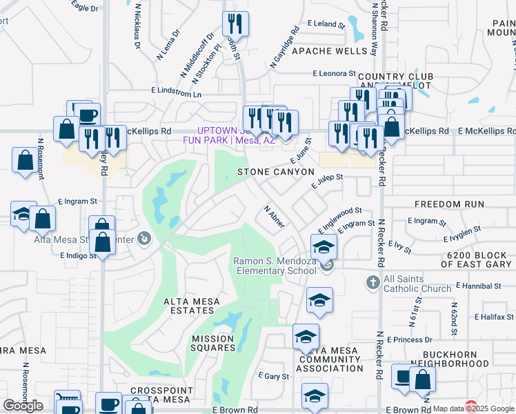 map of restaurants, bars, coffee shops, grocery stores, and more near 1827 North Abner Circle in Mesa
