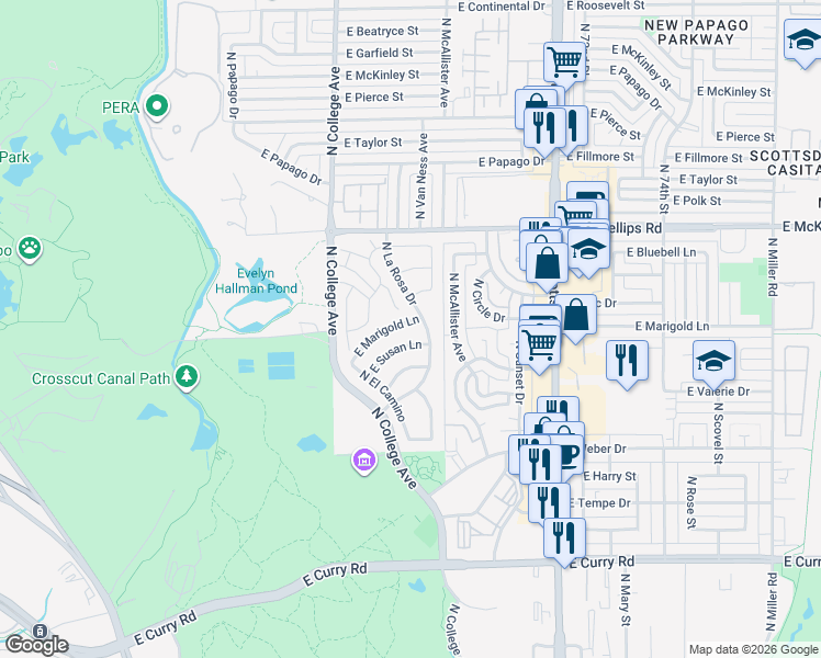 map of restaurants, bars, coffee shops, grocery stores, and more near 1701 North La Rosa Drive in Tempe