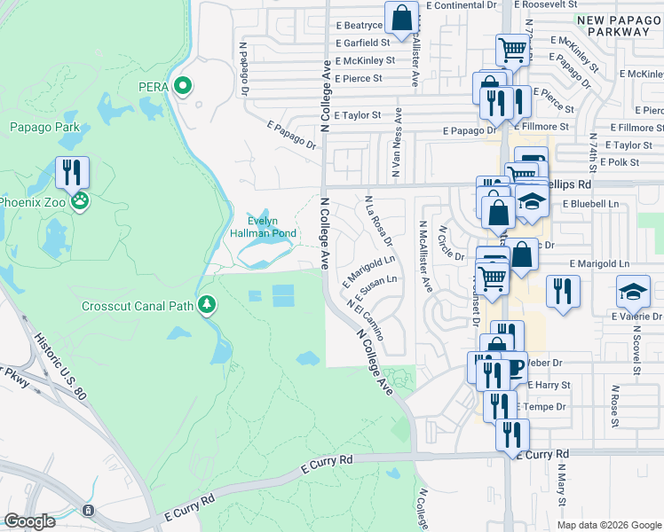 map of restaurants, bars, coffee shops, grocery stores, and more near 1653 North El Camino in Tempe