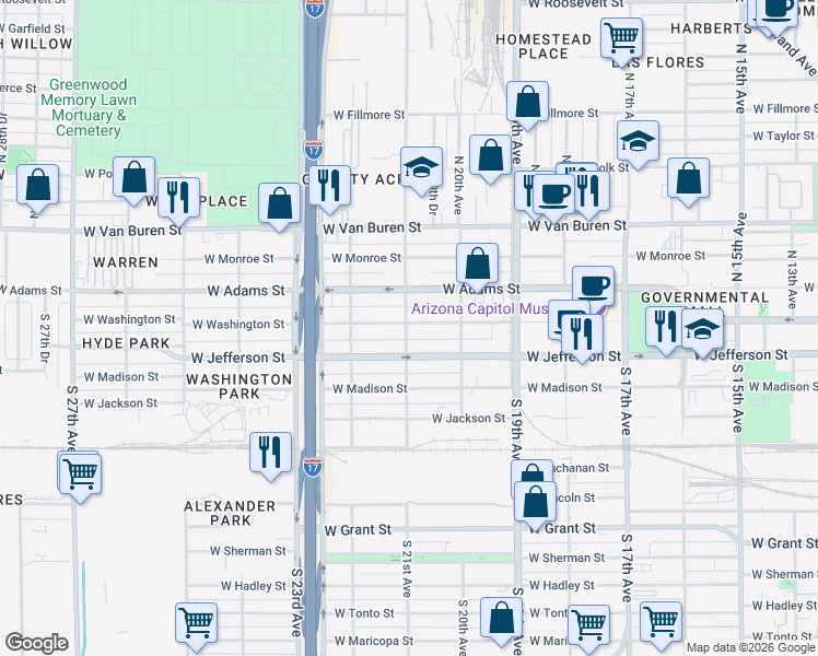 map of restaurants, bars, coffee shops, grocery stores, and more near in Phoenix