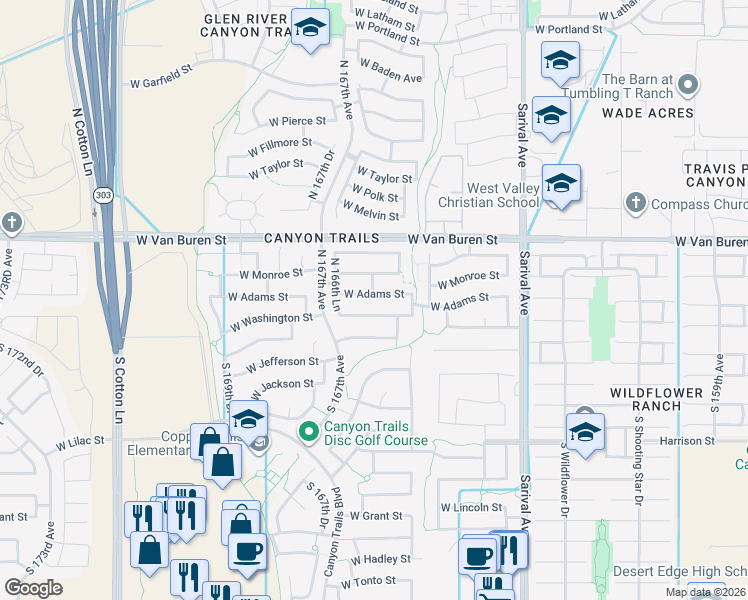 map of restaurants, bars, coffee shops, grocery stores, and more near 16611 West Monroe Street in Goodyear