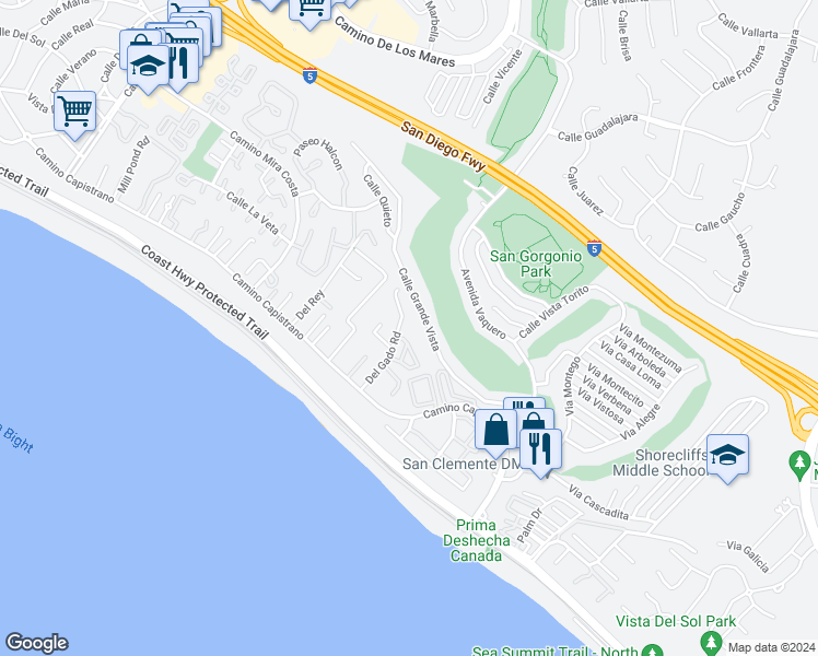 map of restaurants, bars, coffee shops, grocery stores, and more near 26982 Del Gado Road in Dana Point