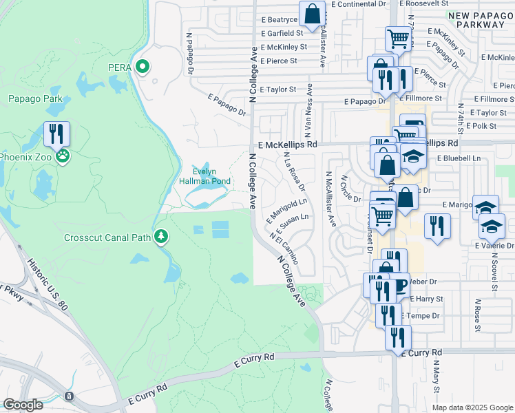 map of restaurants, bars, coffee shops, grocery stores, and more near 1653 North El Camino in Tempe