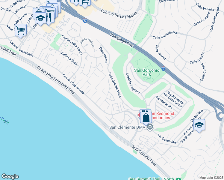 map of restaurants, bars, coffee shops, grocery stores, and more near 27512 Del Gado Road in San Clemente