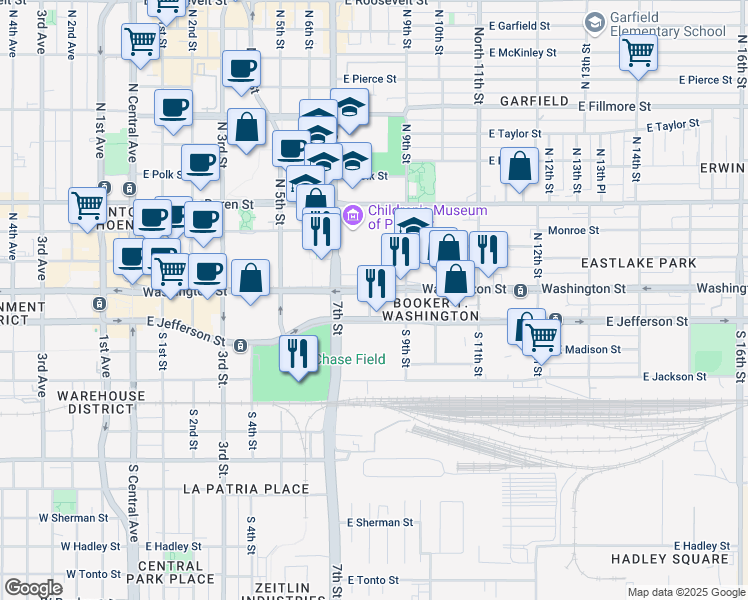 map of restaurants, bars, coffee shops, grocery stores, and more near 706 Washington Street in Phoenix