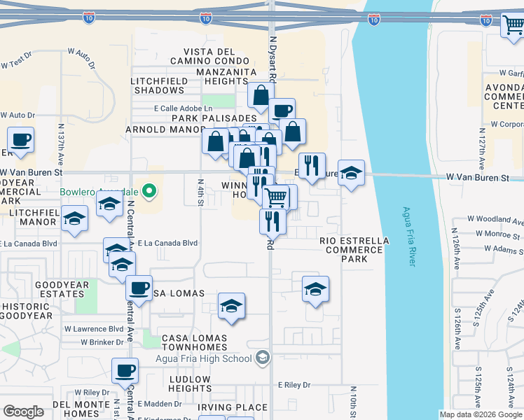 map of restaurants, bars, coffee shops, grocery stores, and more near 1333 North Dysart Road in Avondale