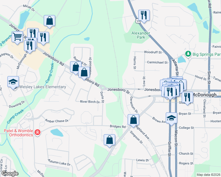 map of restaurants, bars, coffee shops, grocery stores, and more near 108 Jonesboro Street in McDonough