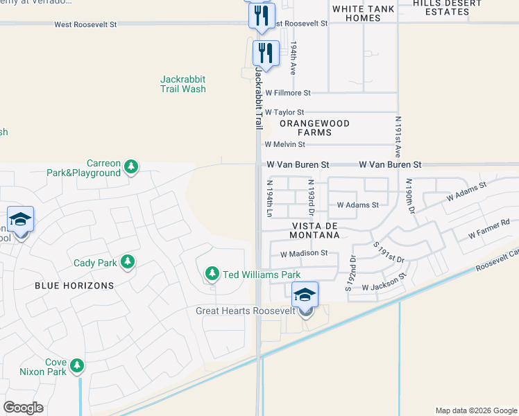 map of restaurants, bars, coffee shops, grocery stores, and more near 153 South 195th Avenue in Buckeye