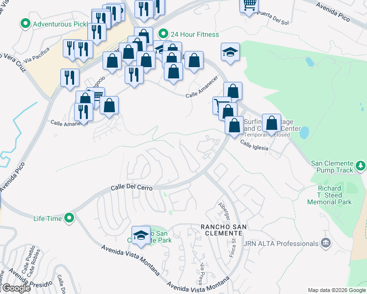 map of restaurants, bars, coffee shops, grocery stores, and more near 70 Calle Sol in San Clemente