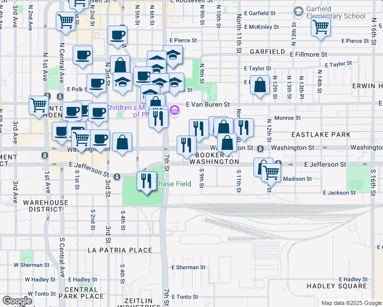 map of restaurants, bars, coffee shops, grocery stores, and more near 706 Washington Street in Phoenix
