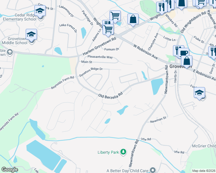 map of restaurants, bars, coffee shops, grocery stores, and more near 6112 Independence Way in Grovetown