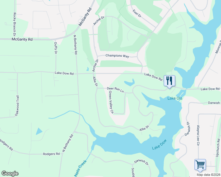 map of restaurants, bars, coffee shops, grocery stores, and more near 43 Deer Run Lane in McDonough