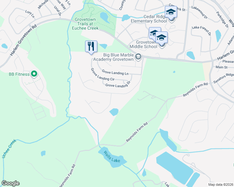 map of restaurants, bars, coffee shops, grocery stores, and more near 2152 Grove Landing Way in Grovetown