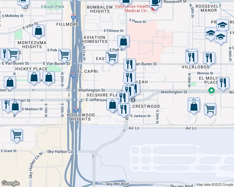 map of restaurants, bars, coffee shops, grocery stores, and more near 2312 East Washington Street in Phoenix