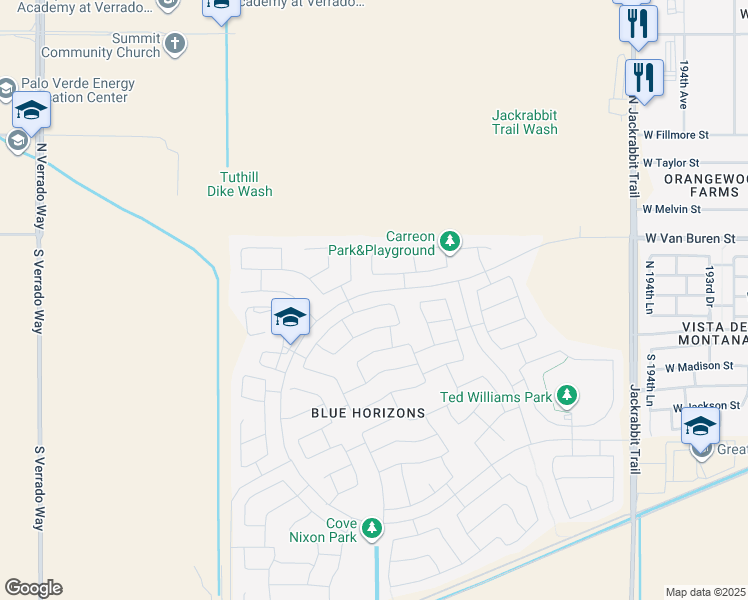 map of restaurants, bars, coffee shops, grocery stores, and more near 19995 West Monroe Street in Buckeye
