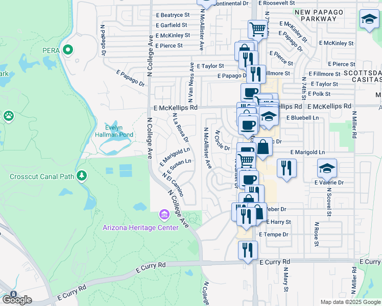 map of restaurants, bars, coffee shops, grocery stores, and more near 1701 North La Rosa Drive in Tempe