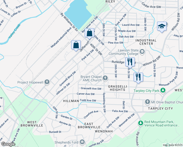 map of restaurants, bars, coffee shops, grocery stores, and more near 4133 Mineral Avenue Southwest in Birmingham