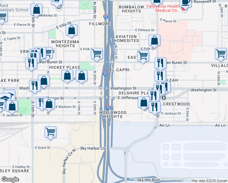 map of restaurants, bars, coffee shops, grocery stores, and more near 2109 East Washington Street in Phoenix