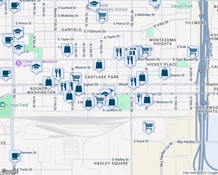 map of restaurants, bars, coffee shops, grocery stores, and more near 1410 East Washington Street in Phoenix