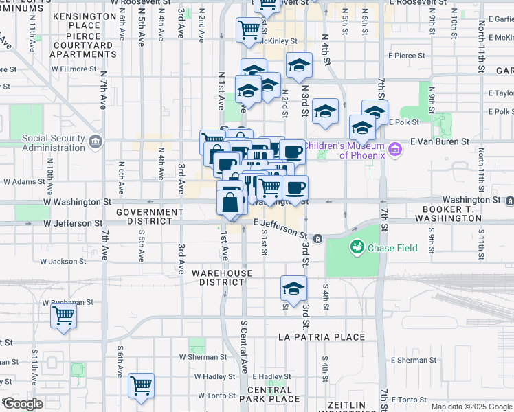 map of restaurants, bars, coffee shops, grocery stores, and more near 1 North 1st Street in Phoenix