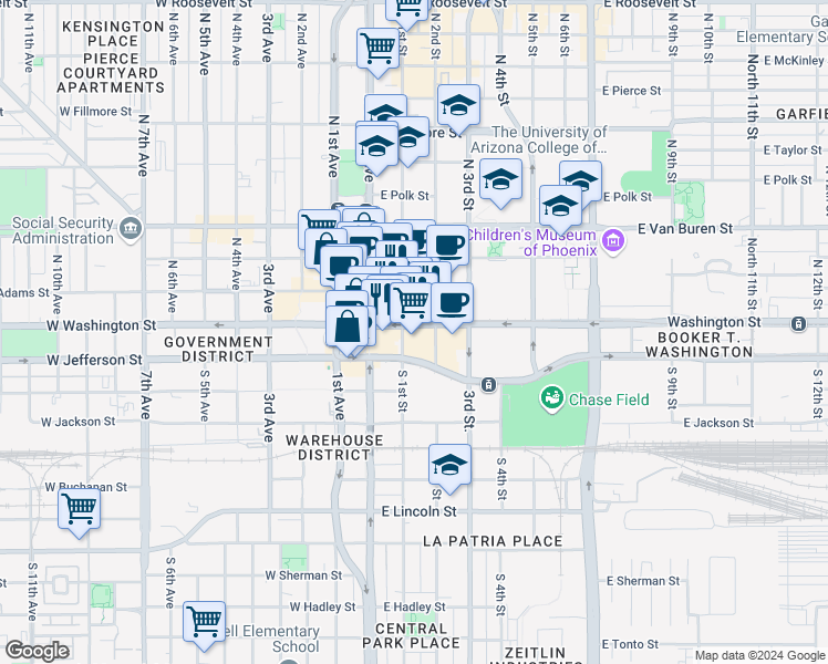 map of restaurants, bars, coffee shops, grocery stores, and more near 1 North 1st Street in Phoenix
