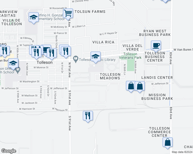 map of restaurants, bars, coffee shops, grocery stores, and more near 9 North 88th Avenue in Tolleson