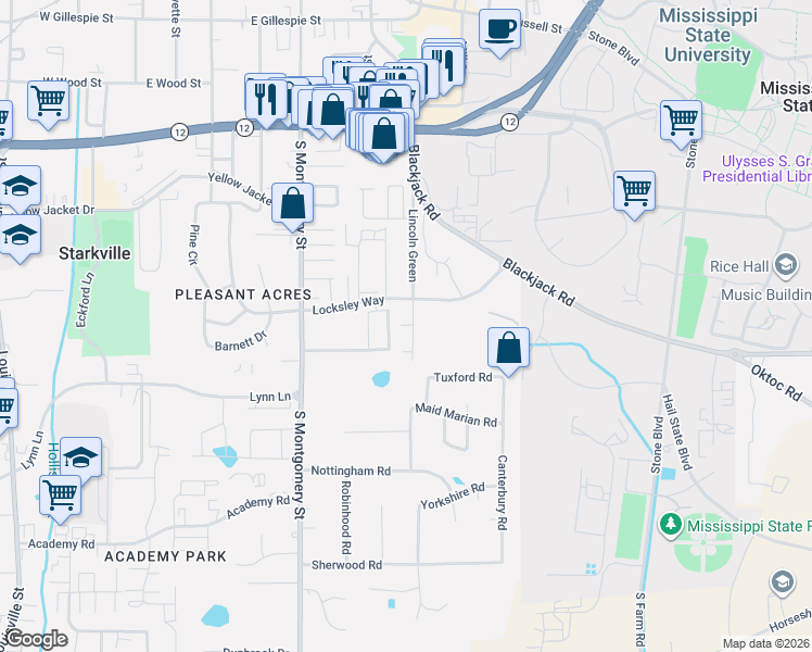 map of restaurants, bars, coffee shops, grocery stores, and more near 208 Lincoln Green in Starkville