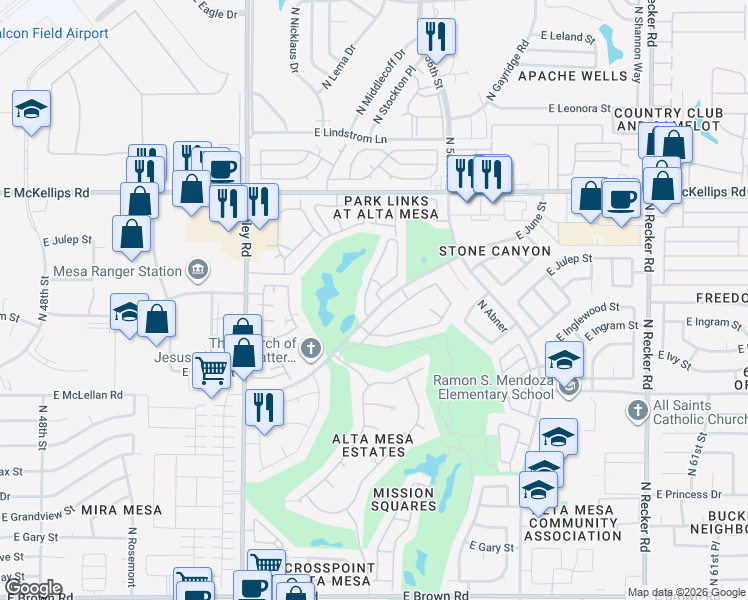 map of restaurants, bars, coffee shops, grocery stores, and more near 5450 East McLellan Road in Mesa