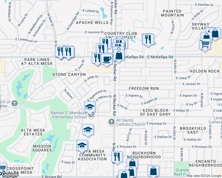map of restaurants, bars, coffee shops, grocery stores, and more near 1815 North Sundial in Mesa