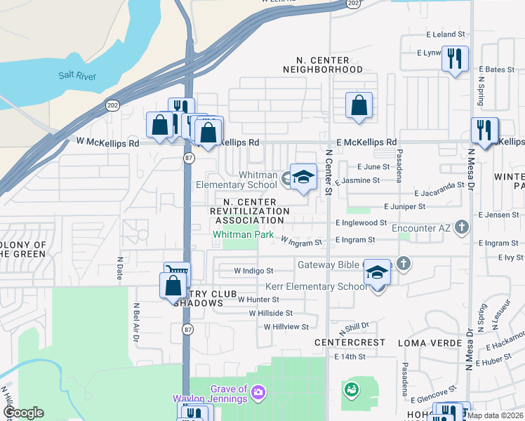 map of restaurants, bars, coffee shops, grocery stores, and more near 206 West Juniper Street in Mesa