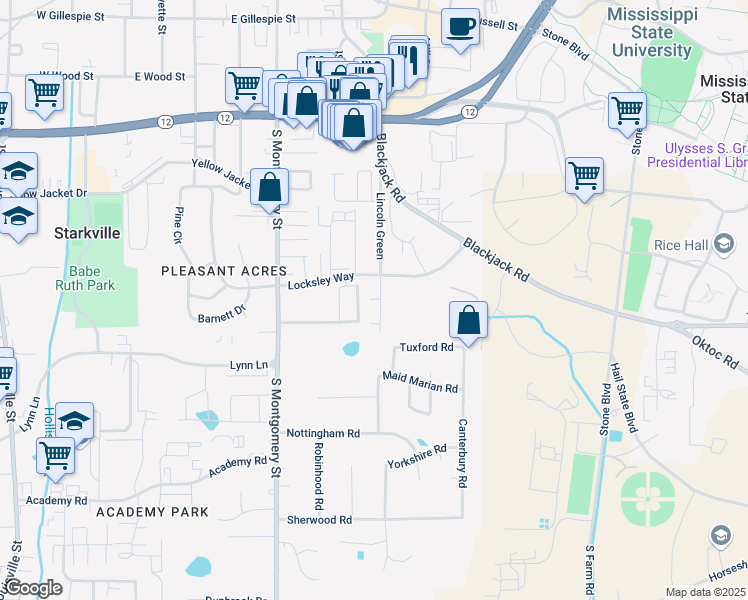 map of restaurants, bars, coffee shops, grocery stores, and more near 208 Lincoln Green in Starkville