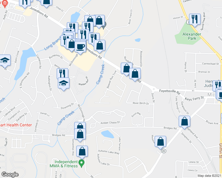 map of restaurants, bars, coffee shops, grocery stores, and more near 517 Edgewater Way in McDonough