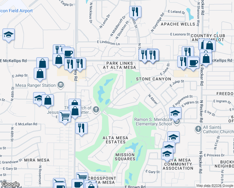 map of restaurants, bars, coffee shops, grocery stores, and more near 5450 East McLellan Road in Mesa